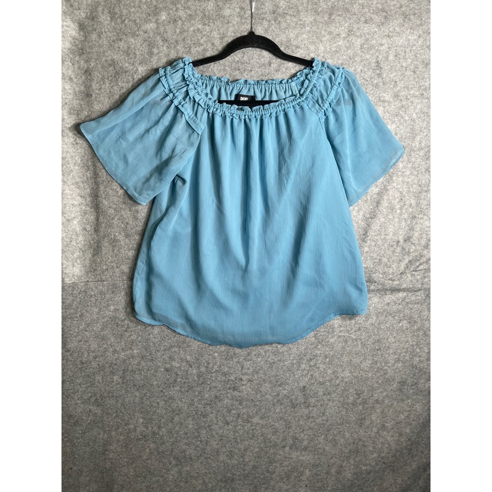 DKNY Womens Blue Ruffle Neck Short Sleeve Crinkle Blouse Top Sky Blue‎